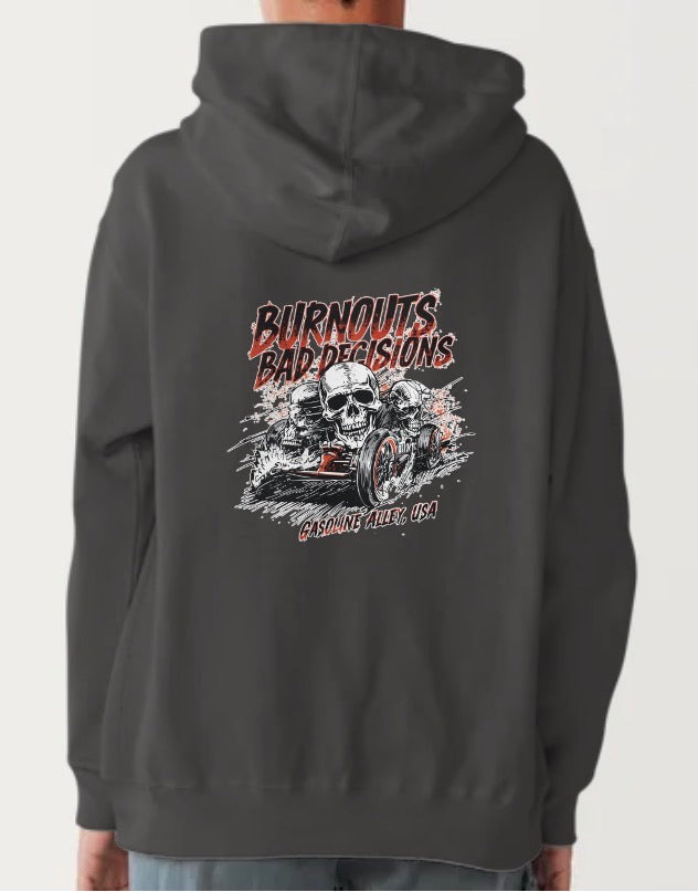 Youth Boy’s black Gasoline Alley USA™ hoodie featuring the bold Burnouts N’ Bad Decisions slogan inspired by vintage racing culture, burnout competitions, and classic American muscle car lifestyle apparel.