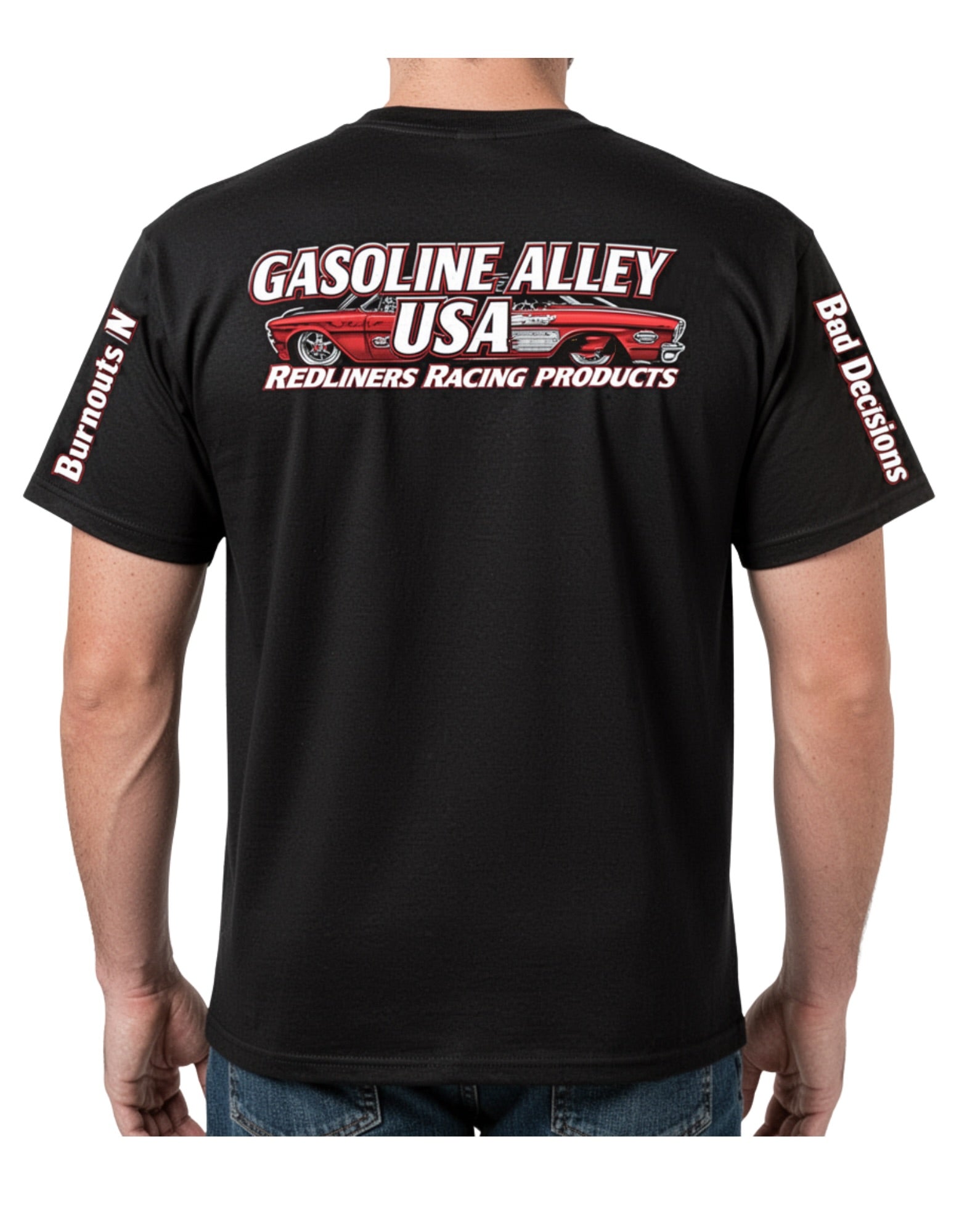 Black t-shirt with Gasoline Alley USA and Redliners Racing Products branding on a white background