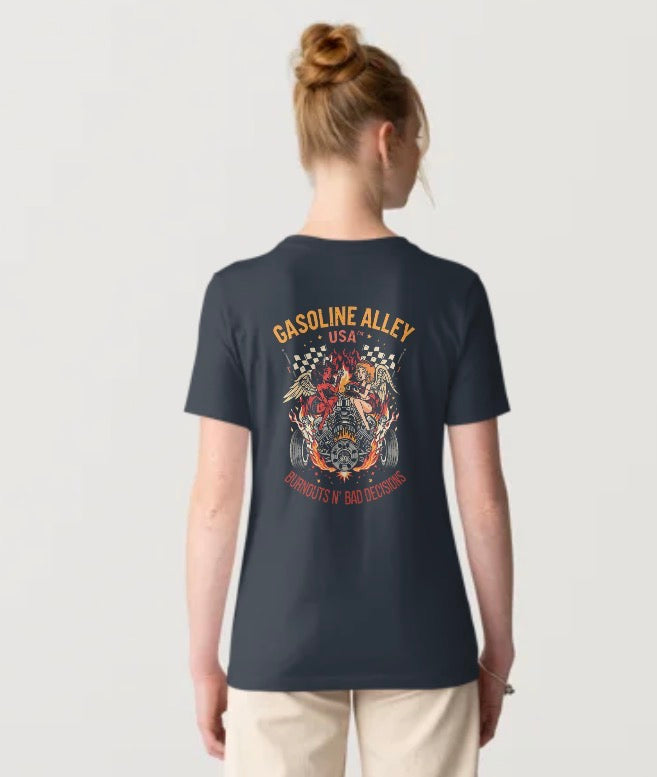 Women’s Gasoline Alley USA™ “Burnouts N’ Bad Decisions” racing t-shirt inspired by vintage motorsports culture, burnout competitions, and classic American muscle car lifestyle apparel.