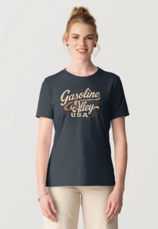 Women’s Gasoline Alley USA™ “Burnouts N’ Bad Decisions” racing t-shirt inspired by vintage motorsports culture, burnout competitions, and classic American muscle car lifestyle apparel.