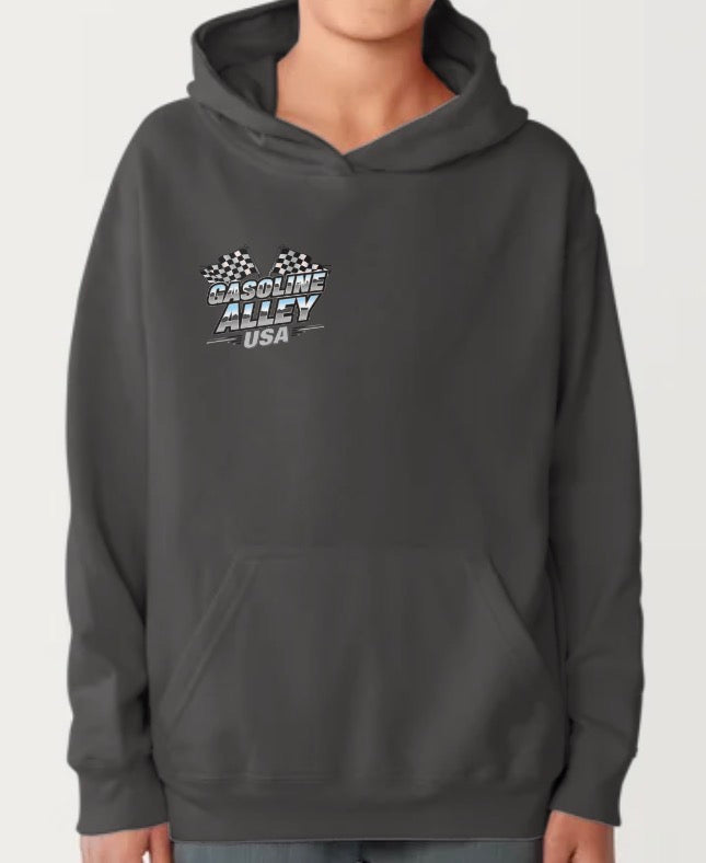 Youth Boy’s black Gasoline Alley USA™ hoodie featuring the bold Burnouts N’ Bad Decisions slogan inspired by vintage racing culture, burnout competitions, and classic American muscle car lifestyle apparel.