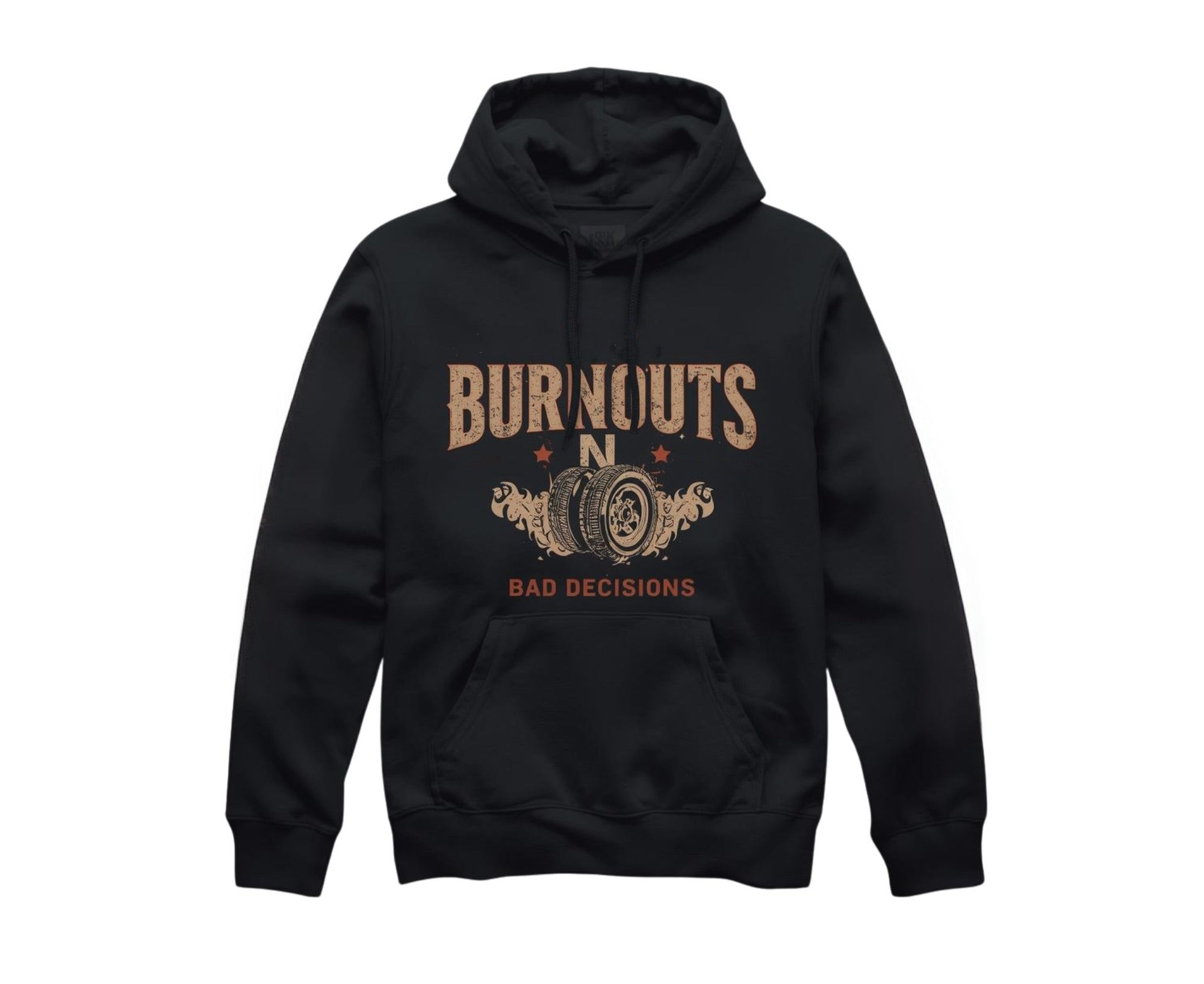 Men’s black Gasoline Alley USA™ hoodie featuring the bold Burnouts N’ Bad Decisions slogan inspired by vintage racing culture, burnout competitions, and classic American muscle car lifestyle apparel.