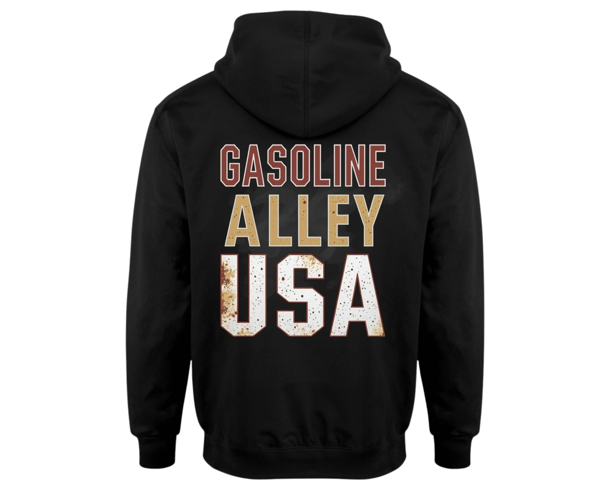 Men’s black Gasoline Alley USA™ hoodie featuring the bold Burnouts N’ Bad Decisions slogan inspired by vintage racing culture, burnout competitions, and classic American muscle car lifestyle apparel.
