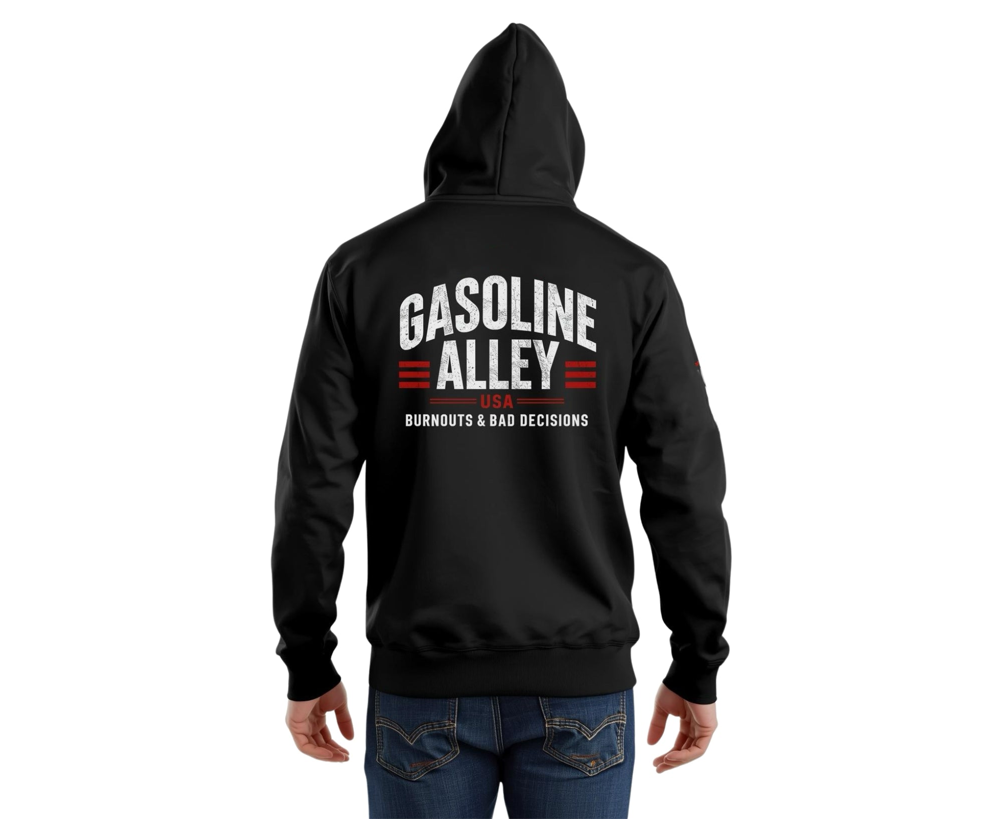 Men’s black Gasoline Alley USA Burnouts and Bad Decisions racing hoodie with large back logo and chest emblem