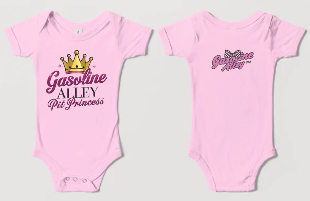 Pink Gasoline Alley USA™ Pit Princess infant onesie featuring vintage racing inspired lettering. Soft baby bodysuit designed for racing families, motorsports fans, and car culture apparel.