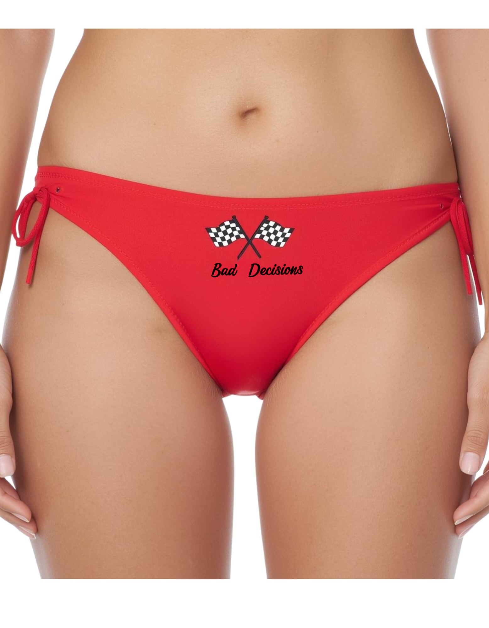 Red Bad Decisions racing bikini bottom with black text and checkered flag graphics by Gasoline Alley USA motorsport swimwear.