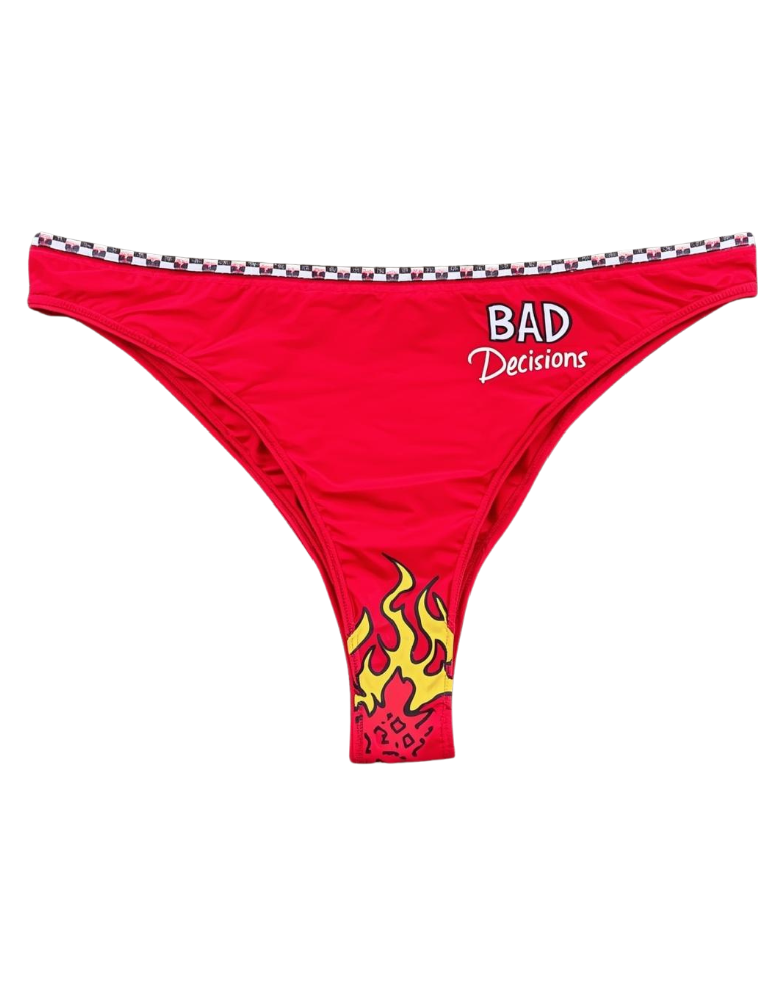 Red Bad Decisions racing bikini bottom with flame graphics and checkered waistband trim by Gasoline Alley USA motorsport swimwear.
