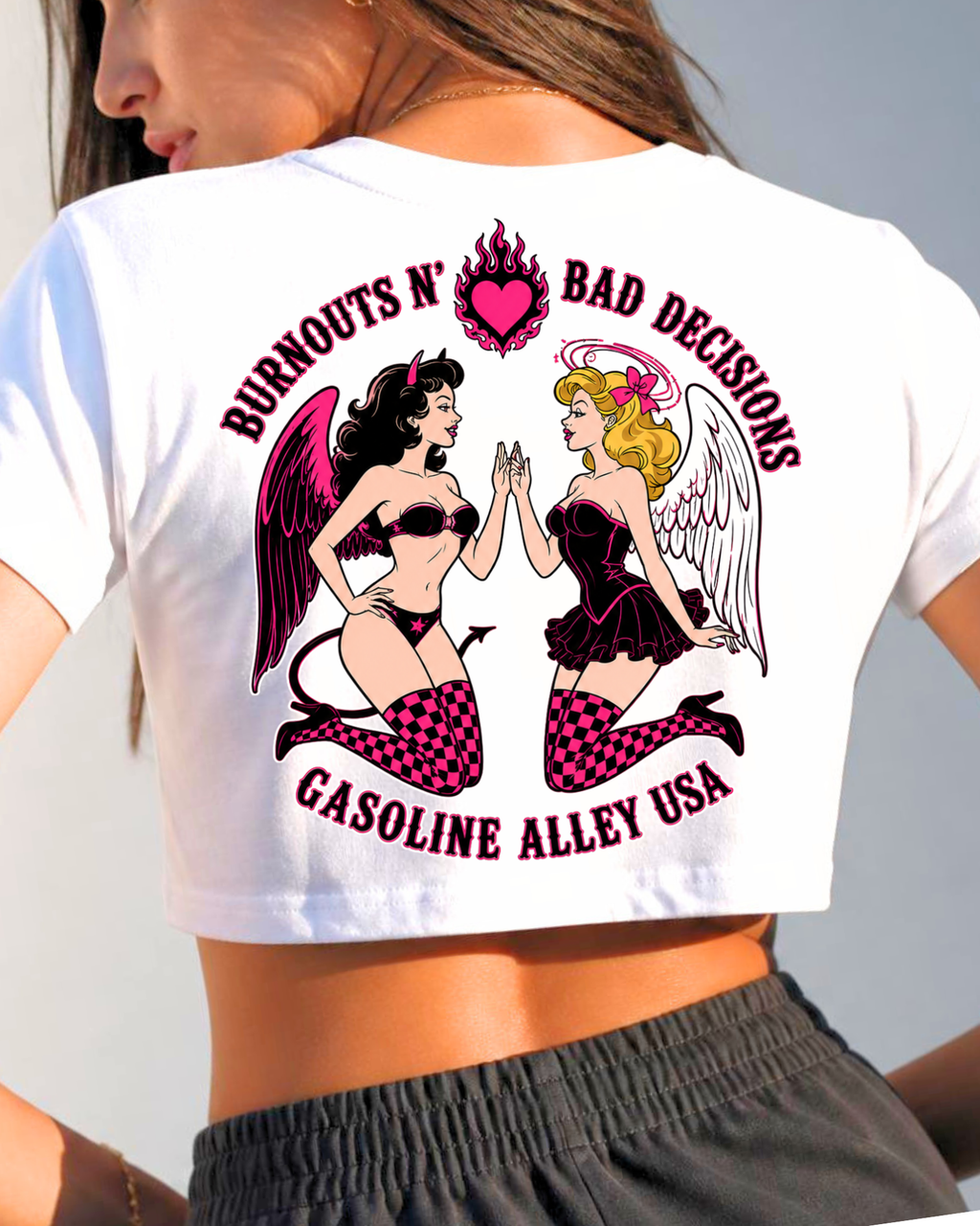 Gasoline Alley USA™ Burnouts N’ Bad Decisions women’s tee featuring pinup racing graphic on back