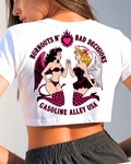 Gasoline Alley USA™ Burnouts N’ Bad Decisions women’s tee featuring pinup racing graphic on back