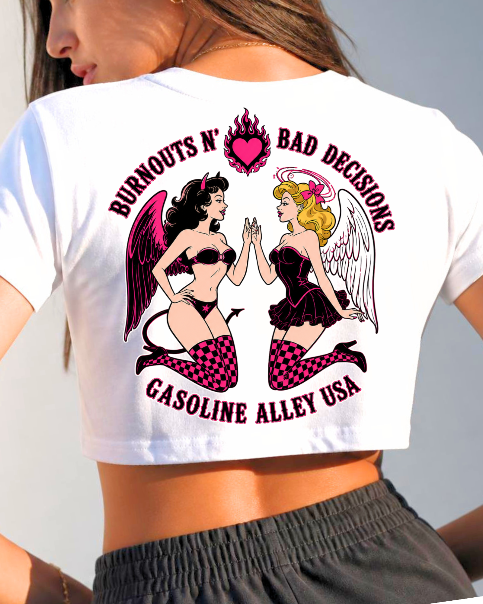 Gasoline Alley USA™ Burnouts N’ Bad Decisions women’s tee featuring pinup racing graphic on back