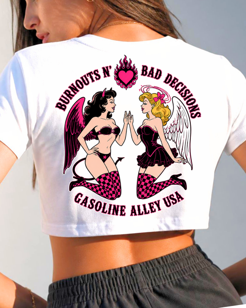 Gasoline Alley USA™ Burnouts N’ Bad Decisions women’s tee featuring pinup racing graphic on back