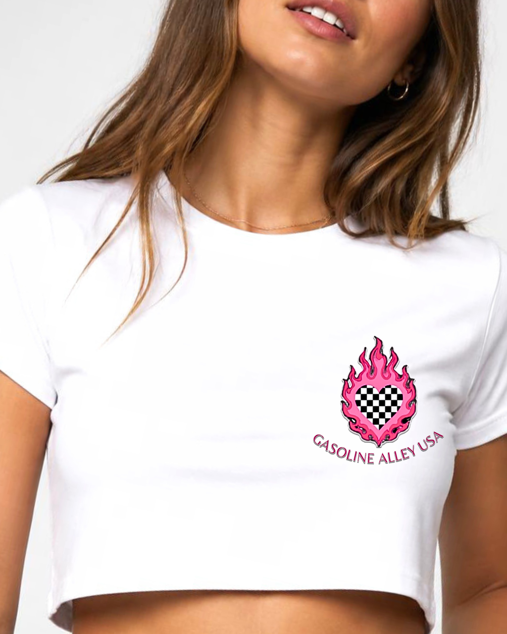 Gasoline Alley USA™ Burnouts N’ Bad Decisions women’s tee featuring flaming heart logo on chest