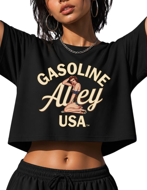 Gasoline Alley USA™ Burnouts N’ Bad Decisions women’s black cropped tee with vintage pinup front graphic