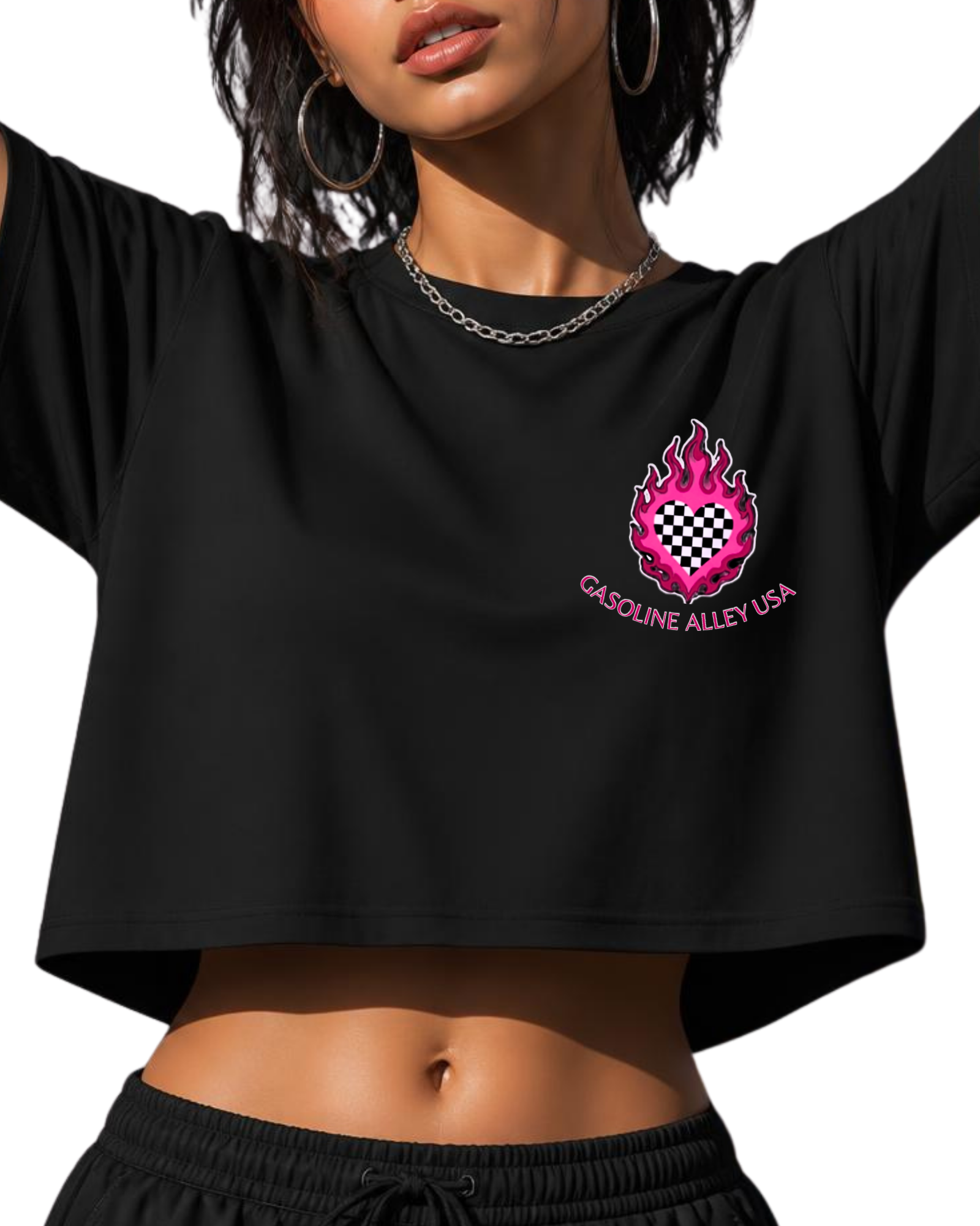 Gasoline Alley USA™ Burnouts N’ Bad Decisions women’s black tee with flaming heart logo on chest