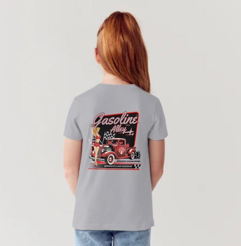 Youth Girl’s Y2K Skull Peace Sign Burnouts & Bad Decisions racing t-shirt by Gasoline Alley USA with hotrod and pin-up racing design and melting star.
