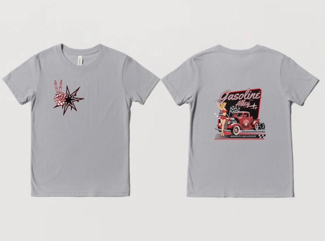 Youth Girl’s Y2K Skull Peace Sign Burnouts & Bad Decisions racing t-shirt by Gasoline Alley USA with hotrod and pin-up racing design and melting star.
