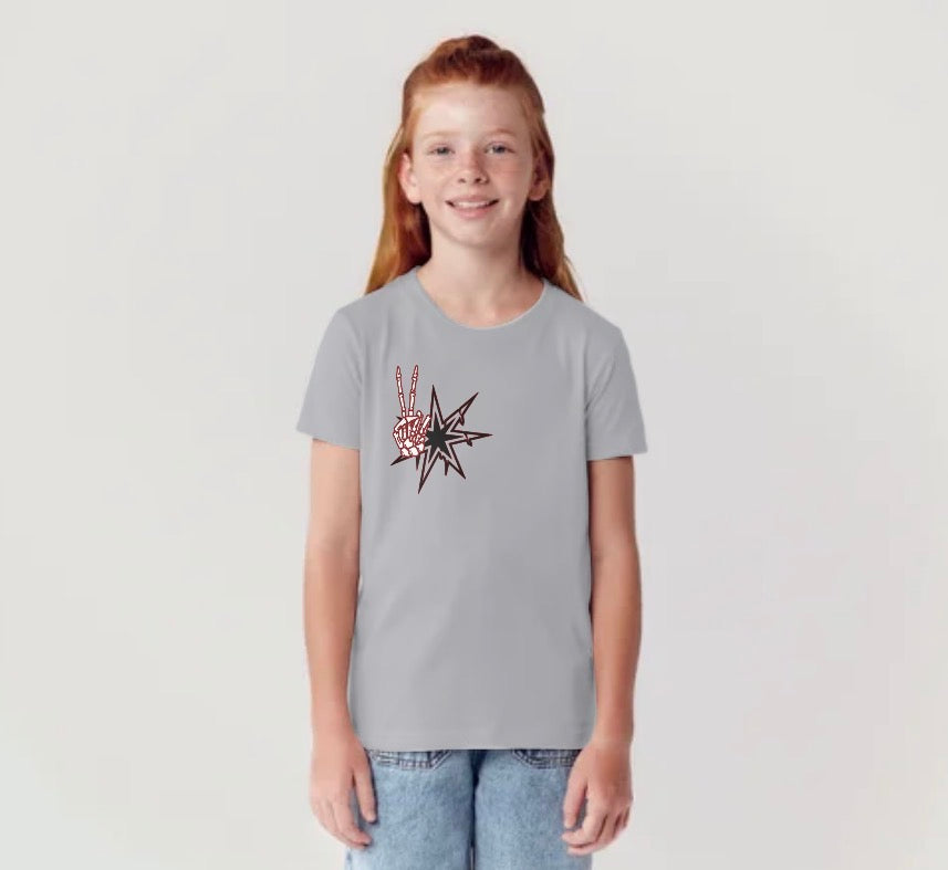 Youth Girl’s Y2K Skull Peace Sign Burnouts & Bad Decisions racing t-shirt by Gasoline Alley USA with hotrod and pin-up racing design and melting star.
