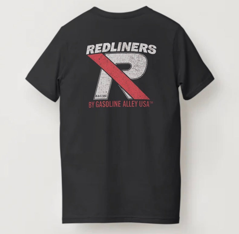Men’s black Redliners Racing t-shirt by Gasoline Alley USA featuring front chest Redliner logo and large distressed Redliners Racing graphic on the back for motorsport enthusiasts.