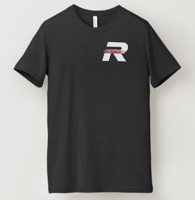 Men’s black Redliners Racing t-shirt by Gasoline Alley USA featuring front chest Redliner logo and large distressed Redliners Racing graphic on the back for motorsport enthusiasts.