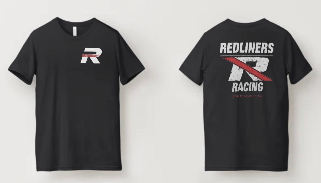 Men’s black Redliners Racing t-shirt by Gasoline Alley USA featuring front chest Redliner logo and large distressed Redliners Racing graphic on the back for motorsport enthusiasts.
