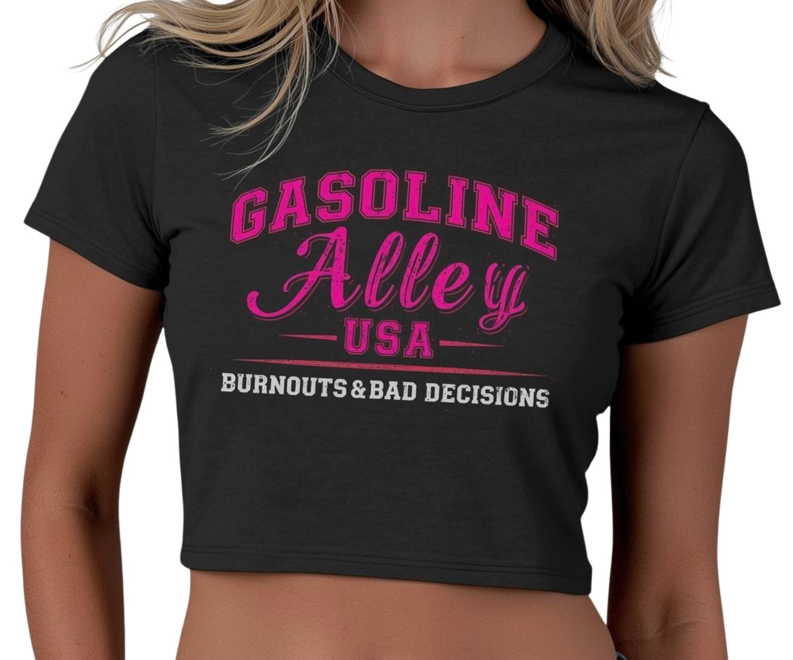 Black women’s crop top with hot pink Gasoline Alley USA™ logo and Burnouts & Bad Decisions slogan, racing streetwear fashion top