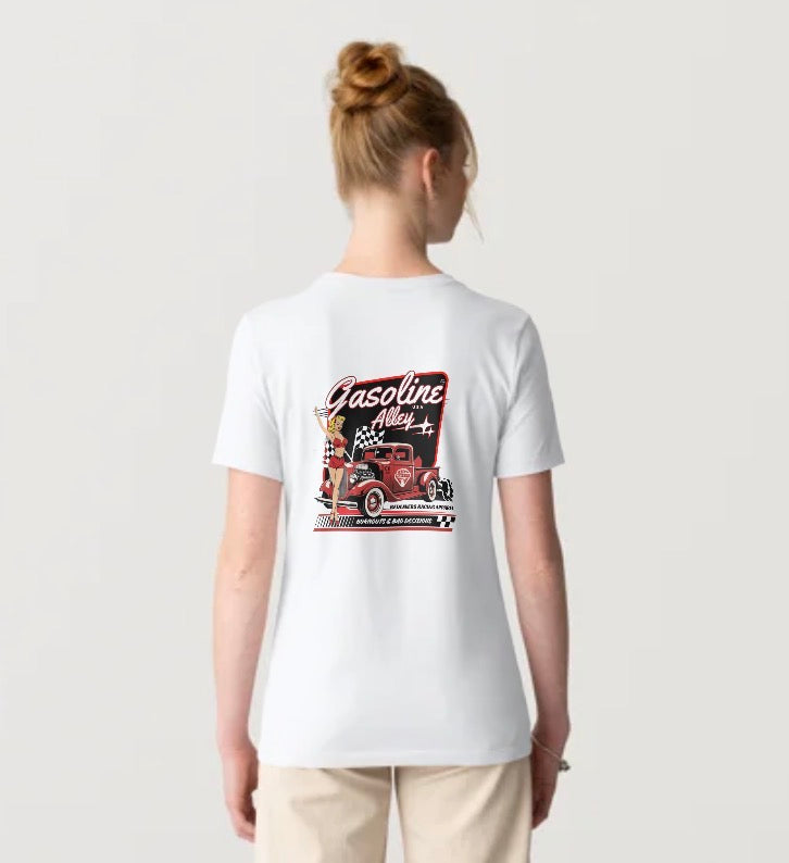 Women’s Skull Peace Sign Burnouts & Bad Decisions racing t-shirt by Gasoline Alley USA with hotrod and pin-up racing design.
