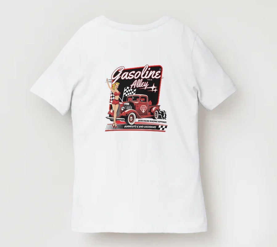 Women’s Skull Peace Sign Burnouts & Bad Decisions racing t-shirt by Gasoline Alley USA with hotrod and pin-up racing design.