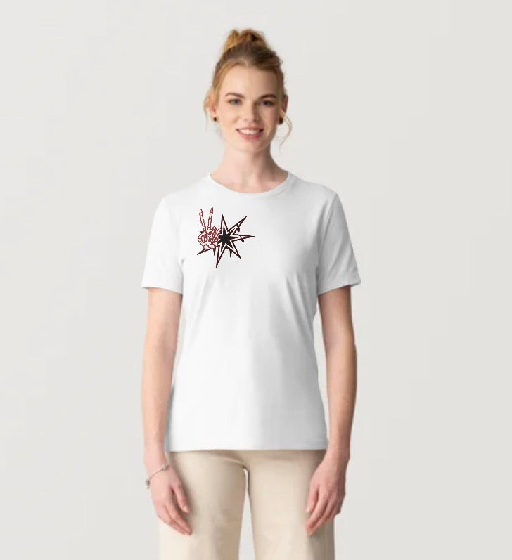 Women’s Skull Peace Sign Burnouts & Bad Decisions racing t-shirt by Gasoline Alley USA with hotrod and pin-up racing design.