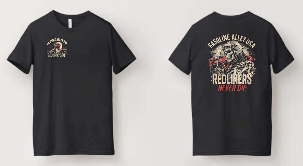 Men’s Black Skull T-Shirt from Redliners Collection by Gasoline Alley USA™ featuring bold skull and racing graphics