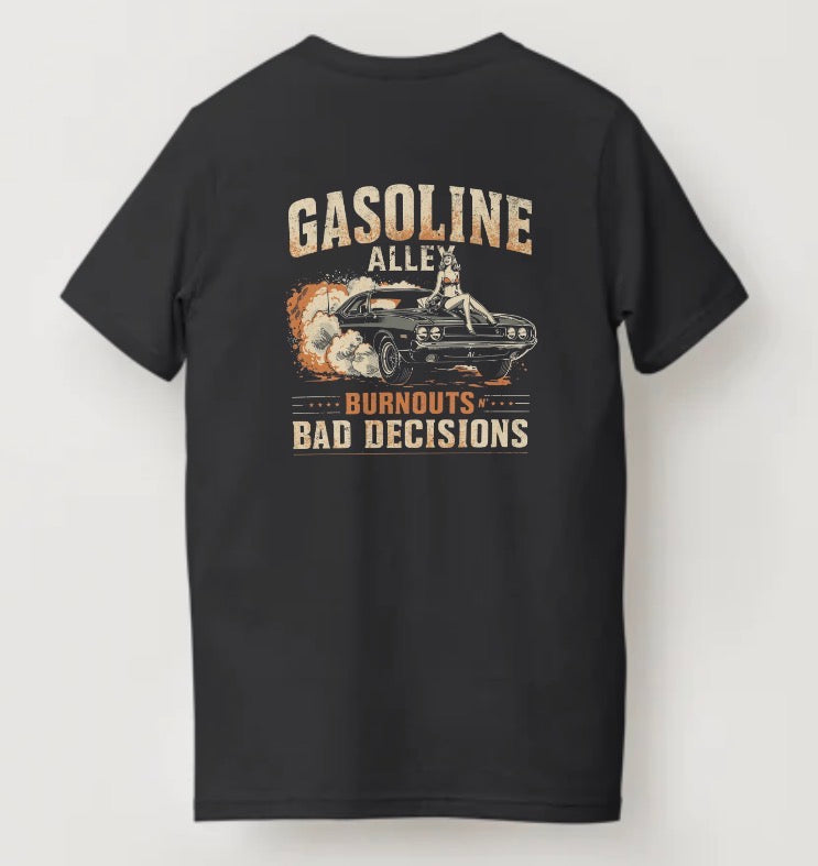Men’s Black T-Shirt from Redliners Collection by Gasoline Alley USA™ with skull graphics and ‘Burnouts N’ Bad Decisions’ slogan