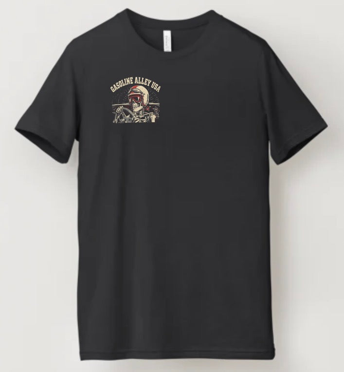 Gasoline Alley USA™ Redliners Collection men’s black tee with skull design, motorsport inspired.