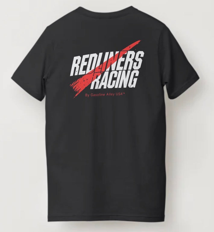 Men’s black Redliners Racing T-shirt by Gasoline Alley USA featuring front chest emblem and bold racing graphic on the back.