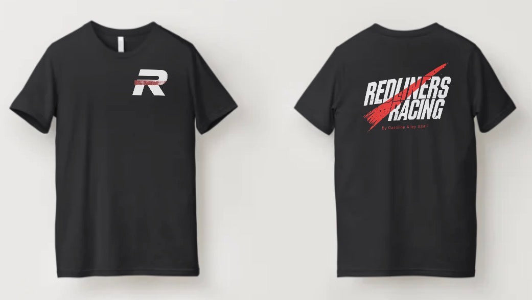 Men’s black Redliners Racing T-shirt by Gasoline Alley USA featuring front chest emblem and bold racing graphic on the back.